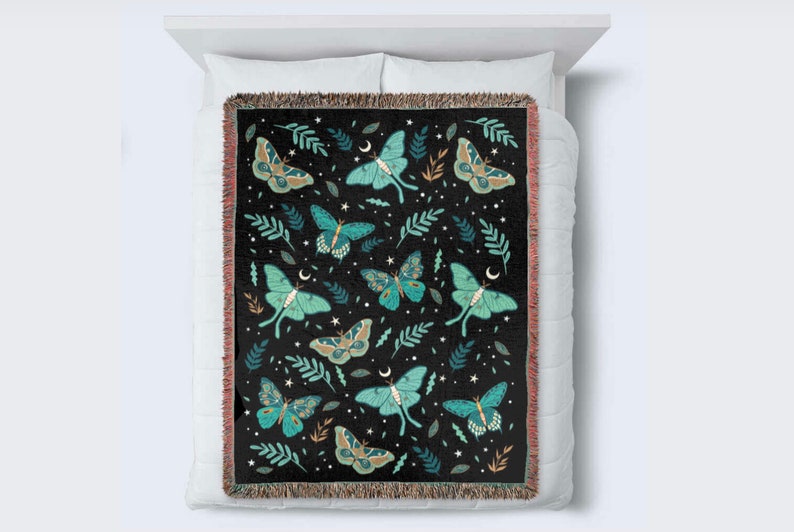 Luna Moths Blanket 100% Cotton Jacquard Blanket with Fringed Edge Woven in the USA 60 x 80 in Queen Size Bed imagem 7