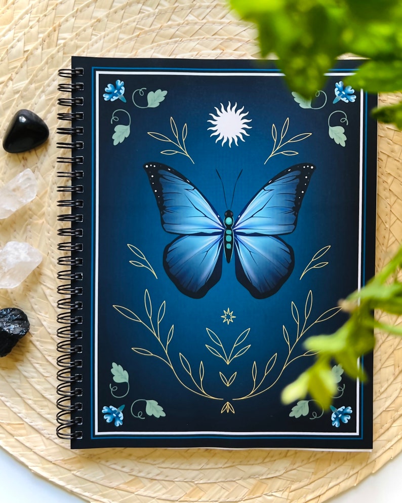 El Sol Butterfly Notebook Ruled Journal Soft Touch Cover Morpho Menelaus and Sun Made in the USA 7 x 9 in 60 Sheets 120 Pages One Notebook (Blue)