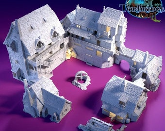 May include: A white 3D printed model of a medieval village with a central courtyard, a well, and several buildings. The model is set against a purple background. The text "Torbridge Guild" is visible in the upper right corner of the image.