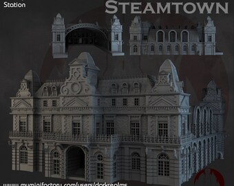 May include: A detailed 3D printed model of a large, ornate building with a gray finish. The building has a high roof with a central tower and many windows. The text "LAANDAN STEAMTOWN Station" is visible at the top of the image.