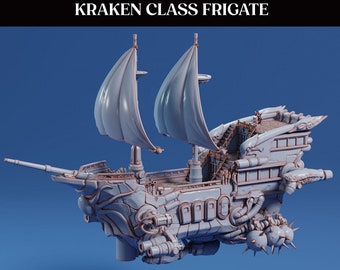 May include: A gray 3D printed model of a Kraken Class Frigate, a steampunk-style ship with sails, cannons, and a spiked tail. The model is on a blue background and has the text "Arcane Minas" and "Skies of Sorana" printed on the bottom.