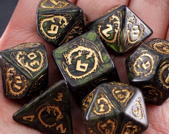 Green Nature Dragon  Dice Set for Dungeons and Dragons, D&D, Pathfinder, D20 Polyhedral Resin Dice, Fit in Box, Tower