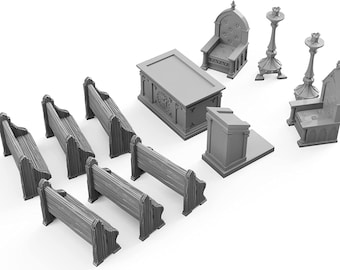3DEGOS Church Chapel Chattels Furniture Set DnD Miniature Terrain for Dungeons and Dragons, D&D, Pathfinder, D and D