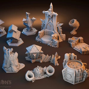 May include: A collection of 3D printed miniature dungeon and fantasy game pieces, including a throne, a swirling vortex, a skull-covered altar, and a variety of geometric structures.