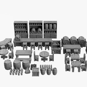 Unpainted DnD Tavern Bar Set perfect for fantasy and wargames. Including barrels, back cabinets, three bar sections, chairs, desks, stools, and a fireplace.