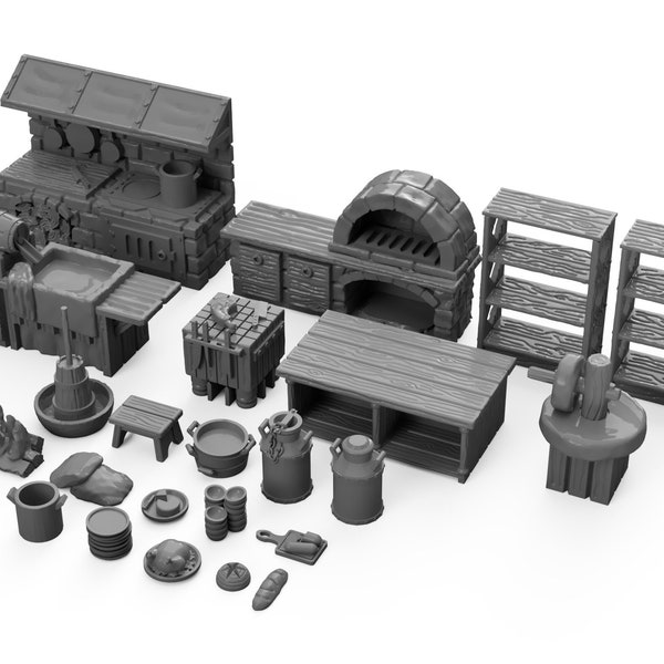 Inn and Tavern Kitchen Furniture DnD Terrain for Dungeons and Dragons, Pathfinder, 40k Terrain, Wargaming, Tabletop