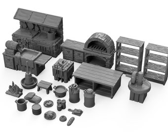 Inn and Tavern Kitchen Furniture DnD Terrain for Dungeons and Dragons, Pathfinder, 40k Terrain, Wargaming, Tabletop, Age of Sigmar