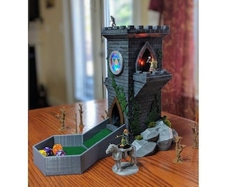Torre de dados de balcón / Bandeja DnD / Dados DnD / Caja de dados RPG / Caja de dados Pathfinder / Bóveda de dados / Caja de dados D20 / Caja y bandeja de dados