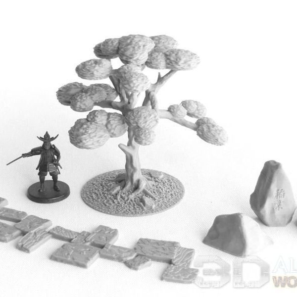 Japan Samurai Tree and Stone Set DnD Miniature Wargaming Terrain for Dungeons and Dragons, D&D, Pathfinder, Tabletop, 28mm, Gifts