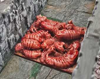 Pode incluir: Um monte de criaturas vermelhas, carnudas e com forma de verme são empilhadas em um chão de pedra em um corredor estreito de pedra. As criaturas estão dispostas de forma aleatória, algumas se sobrepondo. As criaturas têm todas o mesmo tamanho e forma, e têm uma aparência ligeiramente viscosa. O corredor é escuro e úmido, e as paredes são cobertas de musgo. As criaturas são uma adição popular a qualquer jogo de mesa de fantasia.