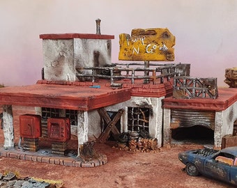 Derelict Gas Station for Wasteworld Terrain, Gaslands, Post Apocalyptic, DnD, D&D, Dungeons and Dragons, 28mm 20mm