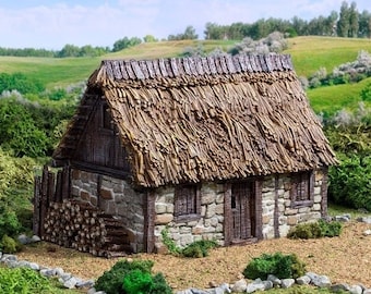 May include: A small, stone cottage with a thatched roof. The cottage has a wooden door and two windows. There is a pile of wood stacked against the side of the cottage.