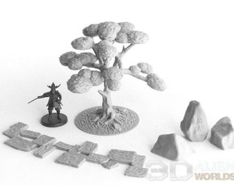 Japan Samurai Tree and Stone Set DnD Miniature Wargaming Terrain for Dungeons and Dragons, D&D, Pathfinder, Tabletop, 28mm, Gifts