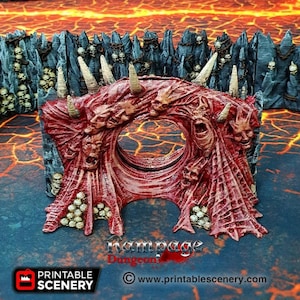 May include: A 3D printed dungeon scenery piece featuring a red, demonic portal with a skull-filled wall behind it. The portal is made of twisted flesh and faces, with a circular opening in the centre. The wall is made of grey stone with skulls and chains. The text "Rampage Dungeon" is visible at the bottom of the image.