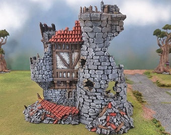 Puede incluir: Una torre de piedra en ruinas con un techo de tejas rojas y una ventana rota. La torre está rodeada de escombros y residuos. La torre es un modelo impreso en 3D para juegos de mesa.