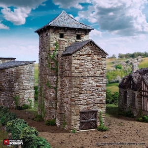 May include: A stone tower with a wooden door and a thatched roof. The tower is overgrown with vines and has a small window on the top floor. The tower is set against a backdrop of a blue sky with white clouds.
