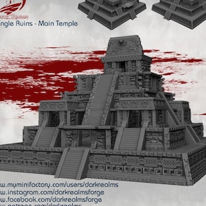 May include: A grey 3D printed model of a Mayan temple with intricate details and multiple levels. The temple has a central entrance and a stepped pyramid design. The model is set against a red background.