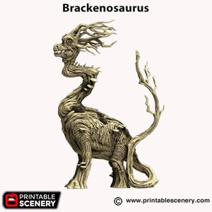 May include: A 3D printed model of a Brackenosaurus, a mythical creature resembling a dinosaur with a tree-like body and branches for limbs. The model is made of light brown plastic and is posed standing.