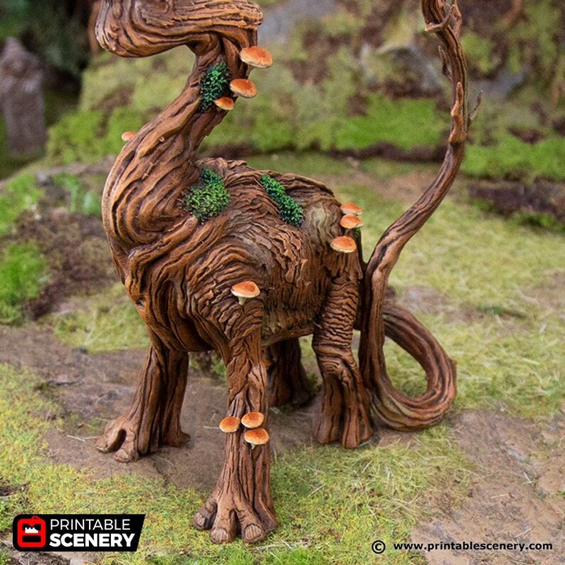 May include: A brown, wooden, tree-like creature with a long tail and mushrooms growing on its body. The creature is standing on a bed of green grass.