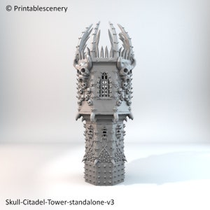 May include: A 3D printed model of a skull-themed tower with a detailed design. The tower is covered in skulls, spikes, and bones. The tower is a standalone piece and is part of a larger citadel set.