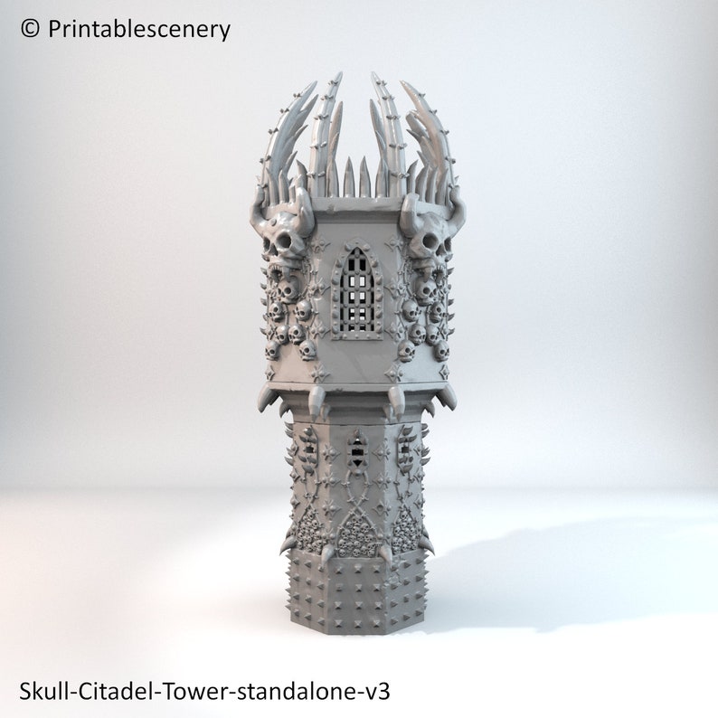 May include: A 3D printed model of a skull-themed tower with a detailed design. The tower is covered in skulls, spikes, and bones. The tower is a standalone piece and is part of a larger citadel set.