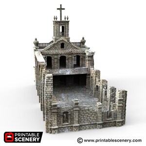 May include: A 3D printed model of a ruined stone church with a bell tower and a cross on top. The church is missing parts of the walls and roof, revealing the interior.