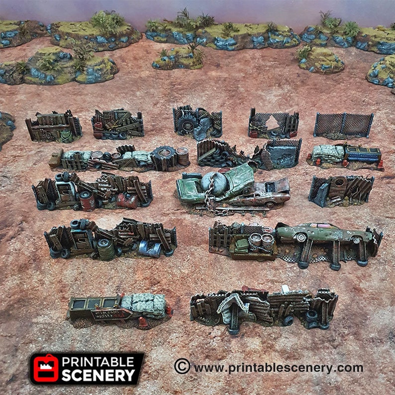 May include: A set of 14 detailed, 3D printed, miniature, ruined walls made of wood, metal, and debris. The walls are designed for use in tabletop games and are painted in a variety of colors, including brown, gray, and rust.