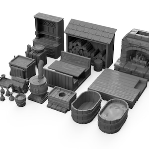 May include: A set of miniature wooden furniture pieces for tabletop gaming, including a fireplace, a wood-burning stove, a cabinet, a bench, a table, and two tubs. The pieces are painted in a grey colour.
