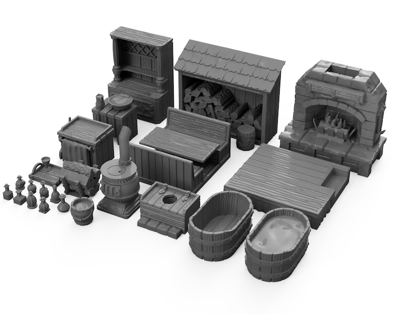 May include: A set of miniature wooden furniture pieces for tabletop gaming, including a fireplace, a wood-burning stove, a cabinet, a bench, a table, and two tubs. The pieces are painted in a grey colour.