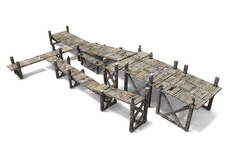 Pu&ograve; includere: Un set di tre pezzi di banchina in legno per giochi da tavolo. I pezzi sono in legno marrone e hanno un aspetto invecchiato. I pezzi sono progettati per essere utilizzati come un molo o un pontile per un gioco di miniature.