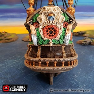 May include: A detailed model of a ship's stern, featuring intricate carvings and a decorative design. The stern is painted in shades of brown, gold, and green, with a white and red floral motif. The model is made of a durable material and is perfect for tabletop gaming or display.