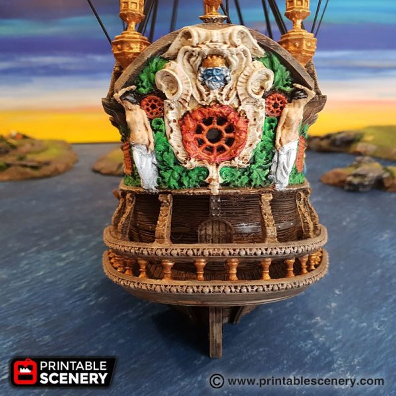 May include: A detailed model of a ship's stern, featuring intricate carvings and a decorative design. The stern is painted in shades of brown, gold, and green, with a white and red floral motif. The model is made of a durable material and is perfect for tabletop gaming or display.