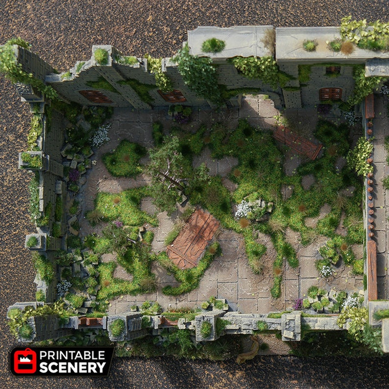 May include: A top-down view of a ruined building overgrown with greenery. The interior of the building is visible, with a stone floor and a wooden door. The building is surrounded by a stone wall, and there are trees and plants growing on the walls and roof.