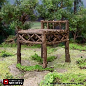 May include: A wooden table with a lattice design, perfect for a miniature tabletop game or diorama. The table is made of brown wood and has a rustic look.