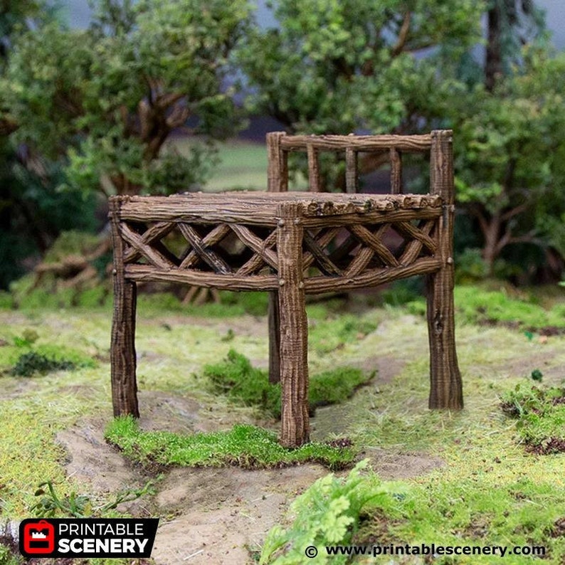 May include: A wooden table with a lattice design, perfect for a miniature tabletop game or diorama. The table is made of brown wood and has a rustic look.