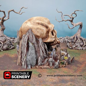 May include: A 3D printed miniature skull set on a rocky base, with a textured, gray and brown finish. The skull is a detailed representation of a human skull, with a weathered, bone-like appearance. The base is designed to resemble a rocky mountain range, with jagged peaks and crevices. This miniature is perfect for tabletop gaming or as a decorative piece.