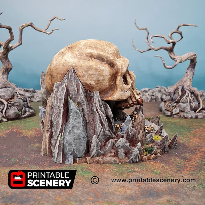 May include: A 3D printed miniature skull set on a rocky base, with a textured, gray and brown finish. The skull is a detailed representation of a human skull, with a weathered, bone-like appearance. The base is designed to resemble a rocky mountain range, with jagged peaks and crevices. This miniature is perfect for tabletop gaming or as a decorative piece.