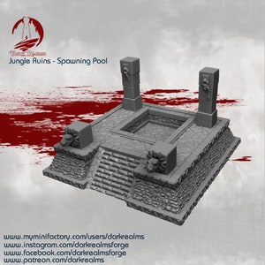 May include: A gray miniature of a jungle ruins spawning pool, featuring a central sunken area, steps, and decorative pillars. The model includes lion-head sculptures and the text "Dark Realms Jungle Ruins - Spawning Pool".