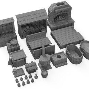 May include: A set of 18 grey miniature wooden furniture pieces for tabletop gaming. The set includes a fireplace, a wood-burning stove, a bathtub, a bench, a table, a woodpile, a shelf, a stool, a bucket, a tray, and 10 small barrels.