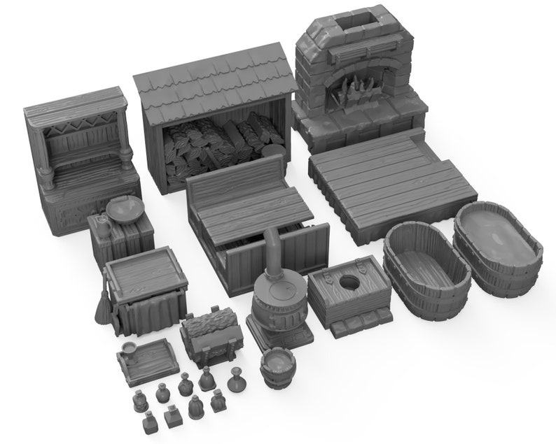May include: A set of 18 grey miniature wooden furniture pieces for tabletop gaming. The set includes a fireplace, a wood-burning stove, a bathtub, a bench, a table, a woodpile, a shelf, a stool, a bucket, a tray, and 10 small barrels.