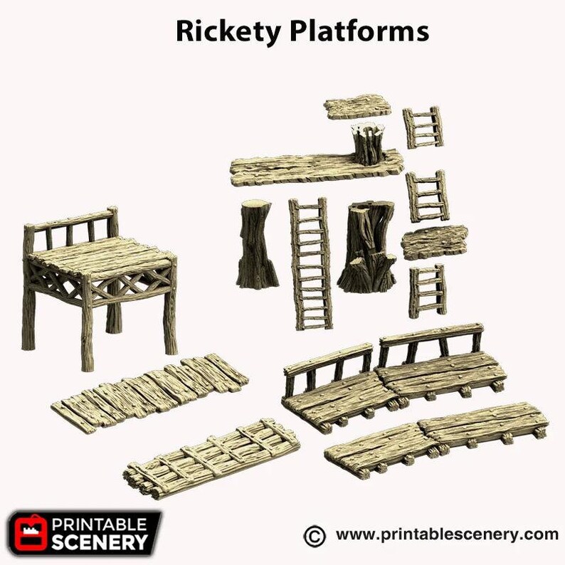 May include: A set of 3D printed miniature wooden platforms, bridges, and ladders. The platforms are made of rough-hewn planks and are supported by wooden beams. The bridges are made of planks and have wooden railings. The ladders are made of wooden rungs and have wooden supports.