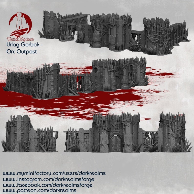 May include: A set of 3D printed, grey, ruined, and spiked walls with a gate. The walls are designed to be used as a tabletop gaming terrain piece. The text "Urlag Gorbok - Orc Outpost" is visible in the image.