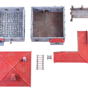 May include: A set of miniature building pieces for a tabletop game or model railway. The set includes a stone building with a red tile roof, a wooden walkway, and a ladder.