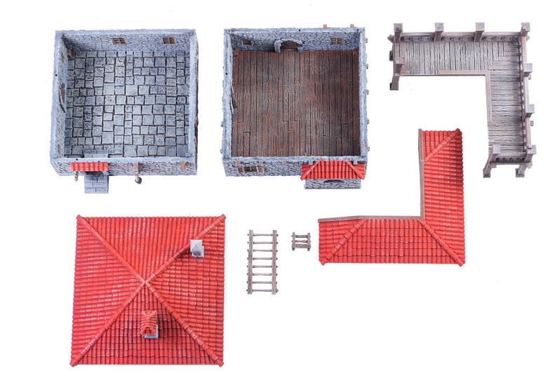 May include: A set of miniature building pieces for a tabletop game or model railway. The set includes a stone building with a red tile roof, a wooden walkway, and a ladder.