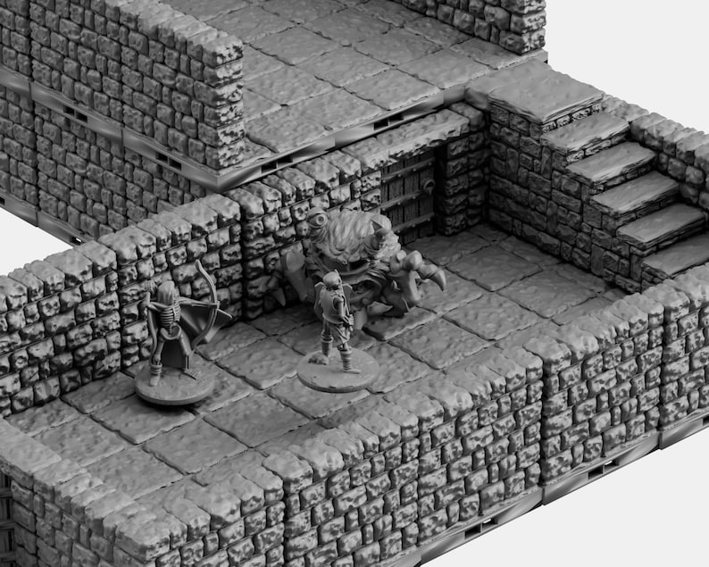 May include: A miniature dungeon set with a stone wall, a stone floor, and a small door. There are two miniature figures, one of a human and one of a monster, standing on the floor.