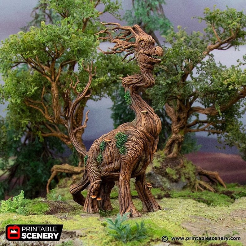 May include: A brown, wooden, tree-like creature with a long neck and a bird-like head. The creature has a textured surface and is covered in moss and mushrooms. The creature is standing on a green grassy surface.