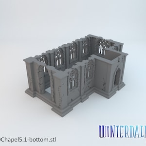 May include: A 3D printed model of a ruined chapel with arched windows and a side entrance. The model is gray and has a textured surface. The text "WDCchapel5.1-bottom.stl" is visible at the bottom of the image.