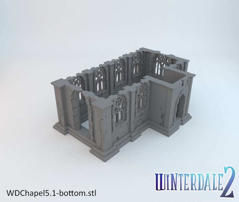 May include: A 3D printed model of a ruined chapel with arched windows and a side entrance. The model is gray and has a textured surface. The text "WDCchapel5.1-bottom.stl" is visible at the bottom of the image.