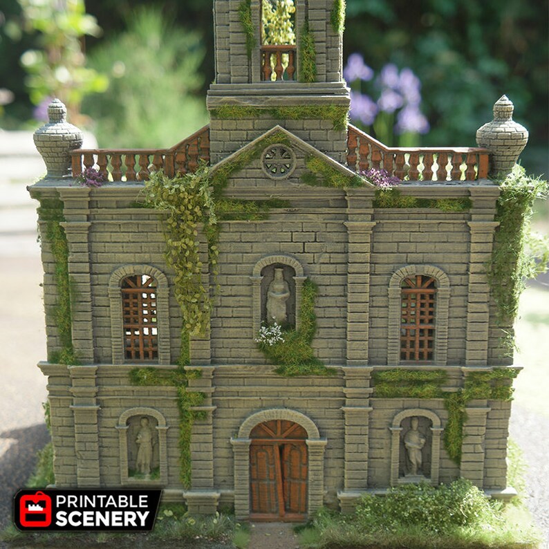 May include: A detailed model of a stone church with a weathered facade, overgrown with vines and moss. The church has a bell tower, arched windows, and a wooden door. The model is painted in shades of grey, brown, and green.