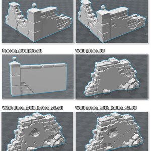 Pu&ograve; includere: Sei modelli stampati in 3D di muri e recinzioni in rovina. I modelli sono grigi e hanno una superficie ruvida e testurizzata. I modelli sono etichettati con i loro nomi: fences_corner.stl, fences_corner_with_holes.stl, fences_straight.stl, Wall piece.stl, Wall piece_with_holes_v1.stl e Wall piece_with_holes_v2.stl.